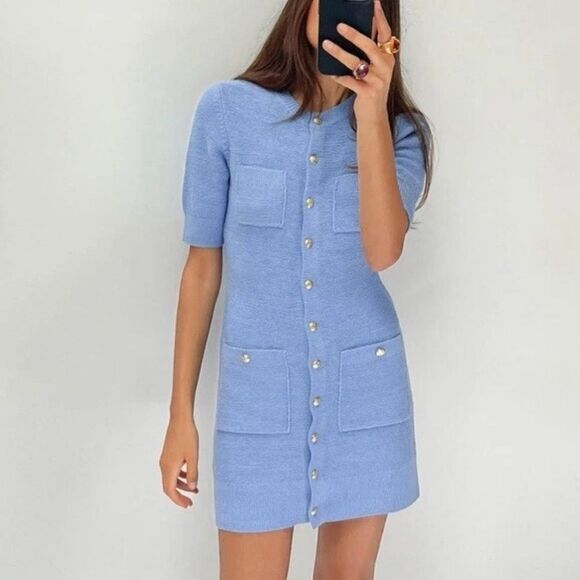 NWT GLOD BUTTON MINI KNIT DRESS BLUE  SIZE Small - Picture 2 of 14